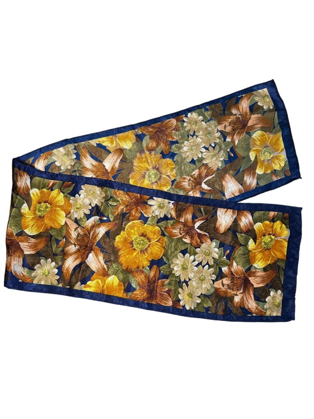 Vintage Rectangle Scarf Navy Blue Gold Floral Damask Hand Rolled Hem 10x52 Boho